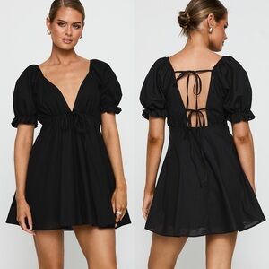 Princess Polly Blissful Black Puff Sleeve Plunge Mini Dress Womens US 10 New NWT